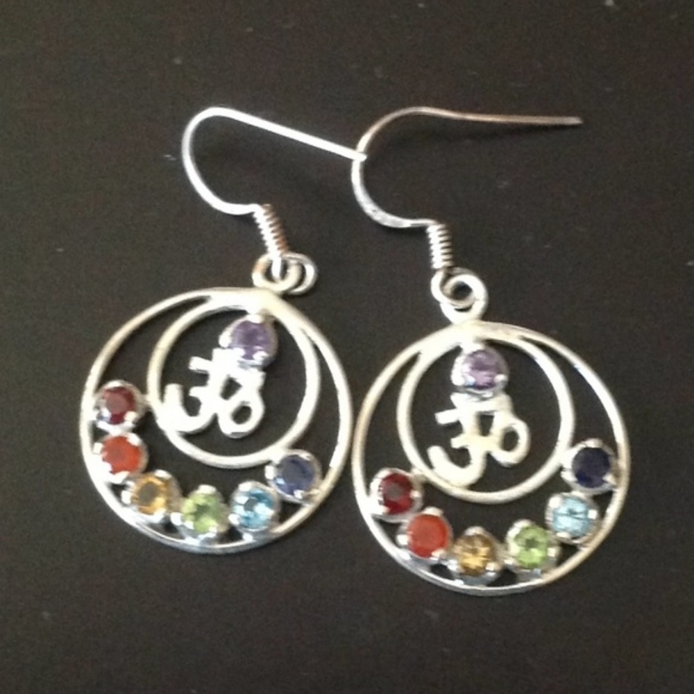 Sterling Rainbow Ohm Chakra Dangle Earrings Yoga